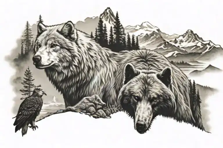 A Grey Wolf And A Kodiak Bear And A Bald Eagle Across A Pacific Northwest Background