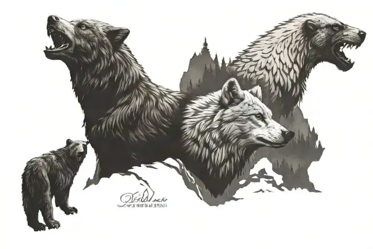 A Grey Wolf And A Kodiak Bear And A Bald Eagle Across A Pacific Northwest Background