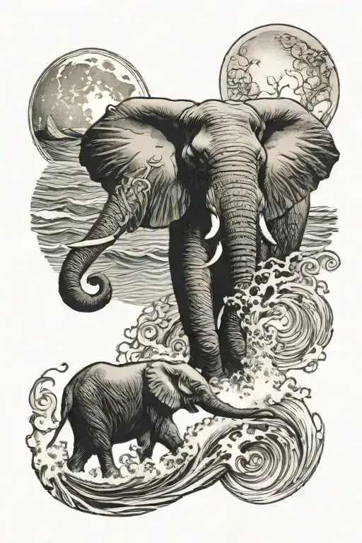 Elephant With A Full Moon And Ocean Wave