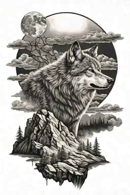 A Wolf In The Distance On A Mountain Howls At The Moon