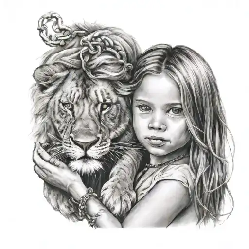 Girl Child Holding Lion With Chain Necklace