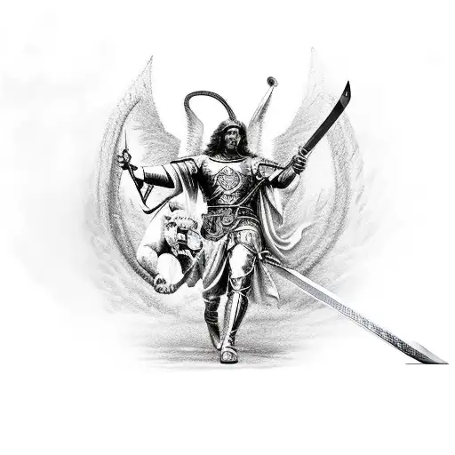 Archangel Michael Raising A Sword With A Lion On His Side