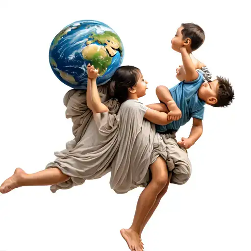 Mother Carrying The World Above Her Head With Her Two Boys