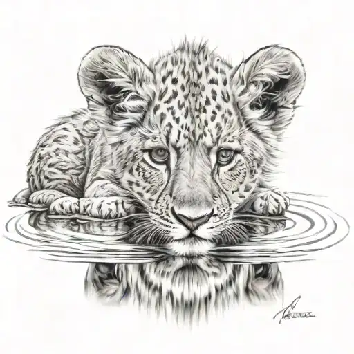 Lion Cub Looking Into A Lake And Reflection Is An Adult Lion