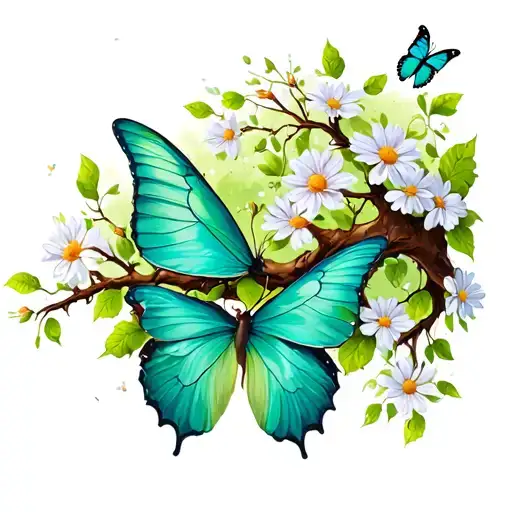 Tree Branch Around Triceps With Growing Flowers Nd A Green Butterfly Flying Away