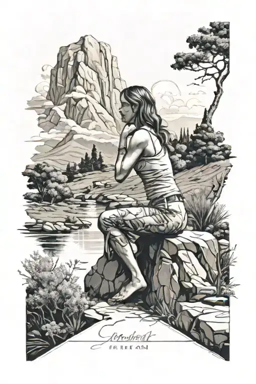 A Female Figure Sitting In Front Of The Landscape