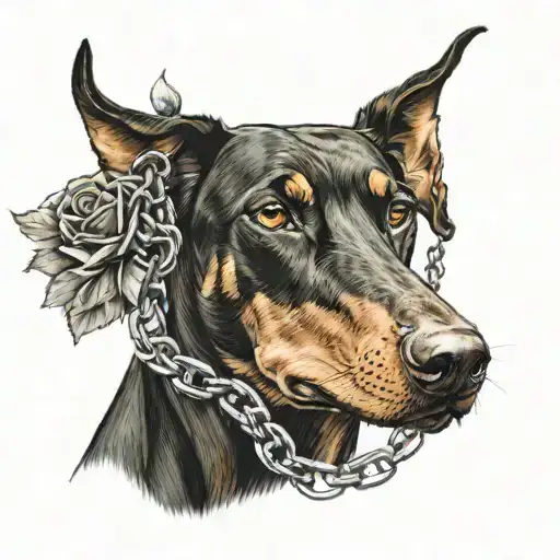 Doberman Dog With Chain With Roses
