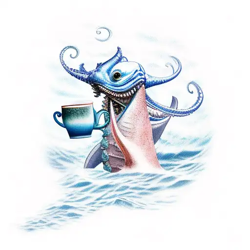A Seaman Battling A Mythical Sea Creature While Holding A Cup Of Coffee