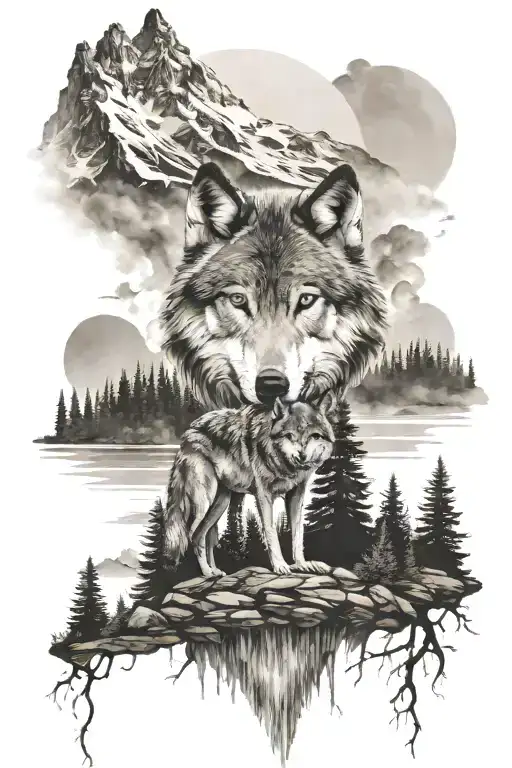 Wolf In Forest And Mountain Landscape And A Lake