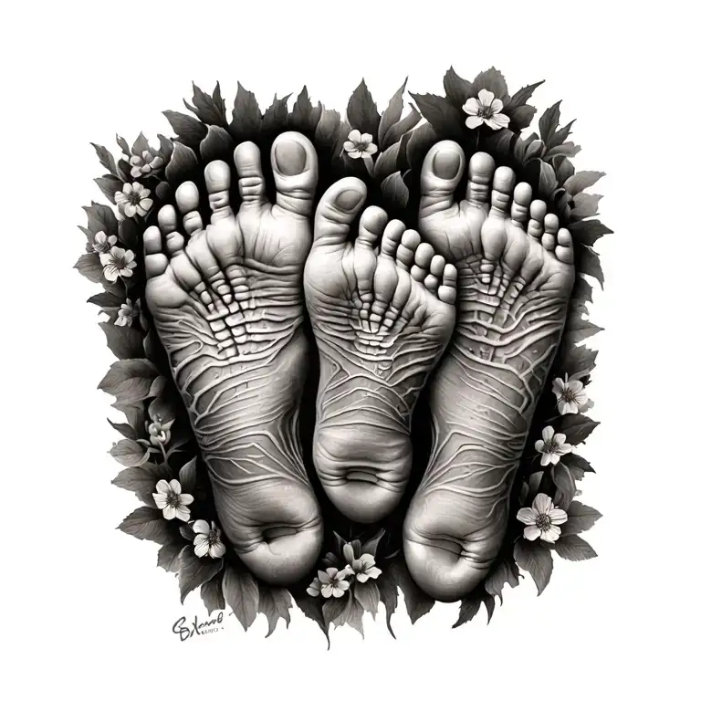 Cross With 7 Sets Of Childrens Footprints