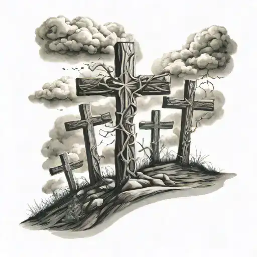 Three Crosses On A Hill Sky Background