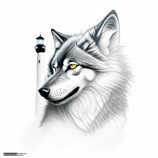 A Black And White Wolf Walking Up Stairs To A Lighthouse