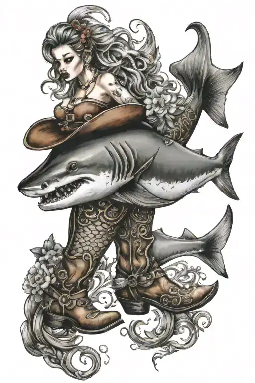 Shark Head Mermaid Tail With Cowboy Boots