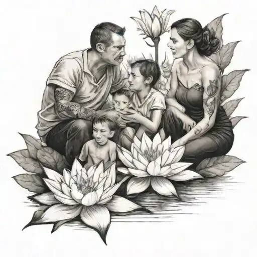 Mom Sitting With 2 Sons Surrounded By Water Lilly And Gladioius