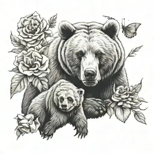 Adult Bear And Baby Bear Realistic With Skulls And Flowers