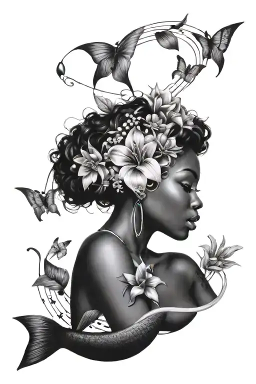 Black Girl Mermaid Surrounded By Musical Notes And Flowers