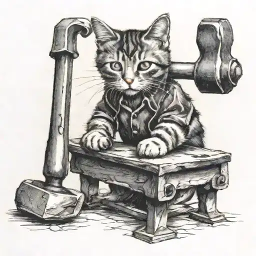 Blacksmith Cat Holds A Hammer Over An Anvil