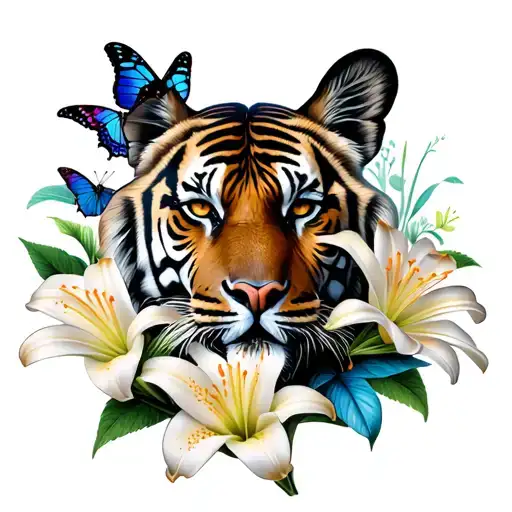 Lily Flowers And Butterflies With Tiger Face Morphing