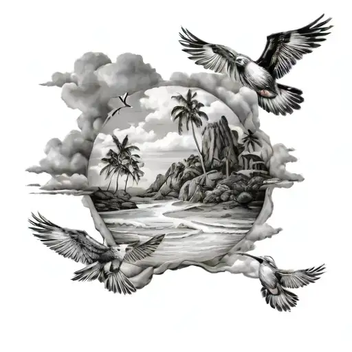 Realistic Beach Landscape Black And White Tattoo With 2 Birds In The Sky