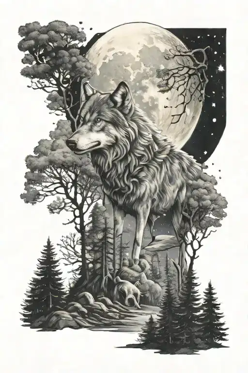 Lone Wolf Coming Out Of Forest Moon And Stars Above