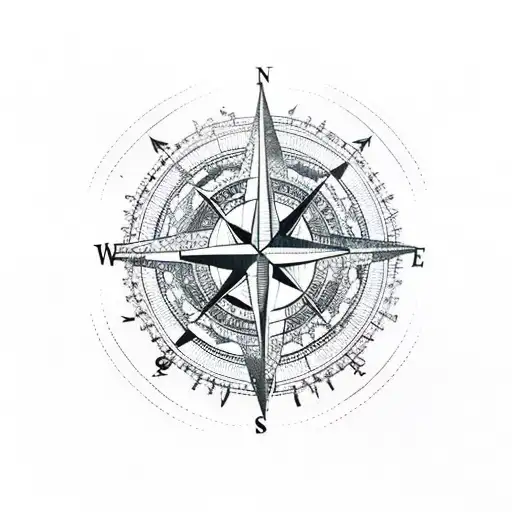 Compass And Chart And Ship And Mountain And Windswept Pine Tree