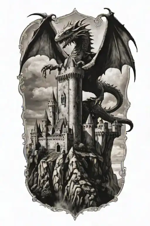A Majestic Castle With A Dragon Flying Overhead