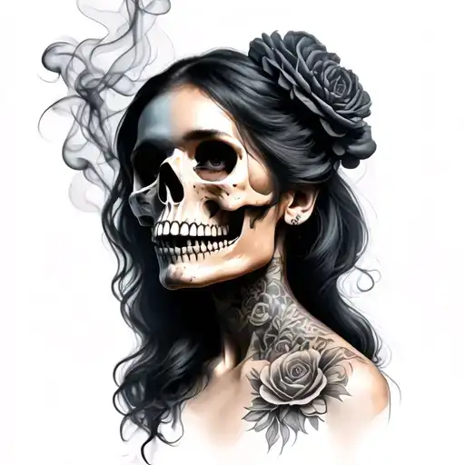 Fullchest One Side Skull And Other Side Woman Face With Smoke