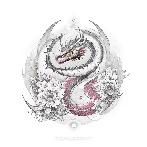 Ouroboros Dragon With Cherry Blossom Flowers And Outer Space