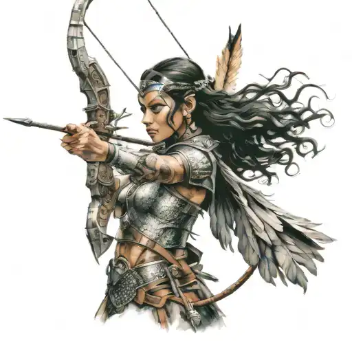 Female Amazon Warrior Wearing Amazon Belt Holding Bow And Arrow Preparing To Shoot