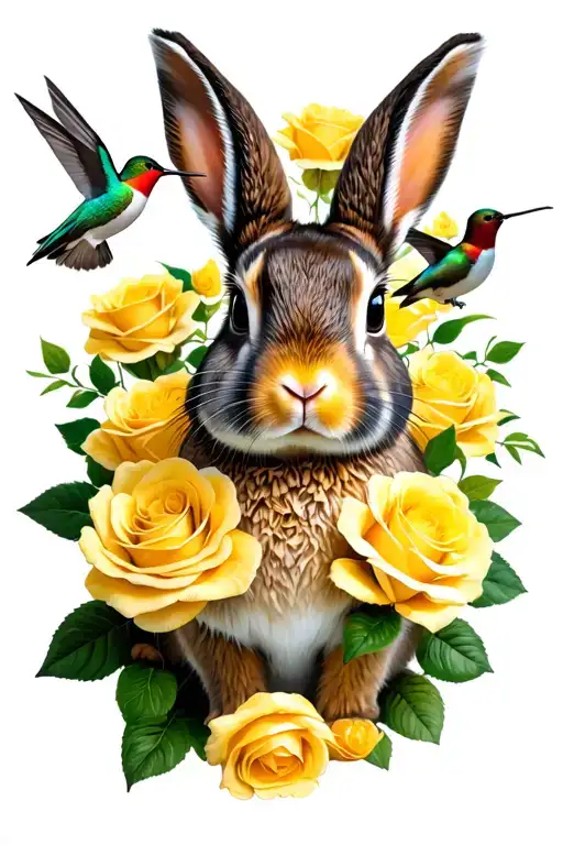 A Full Body Rabbit Surrounded In Yellow Roses With Hummingbirds