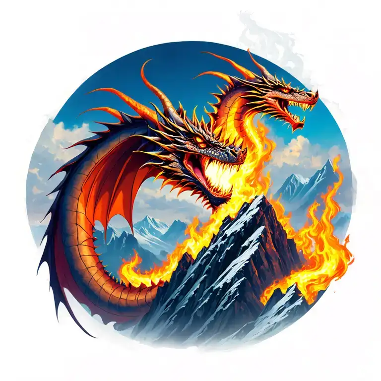 Midevil Dragon Breathing Fire Top Of Mountain Peak