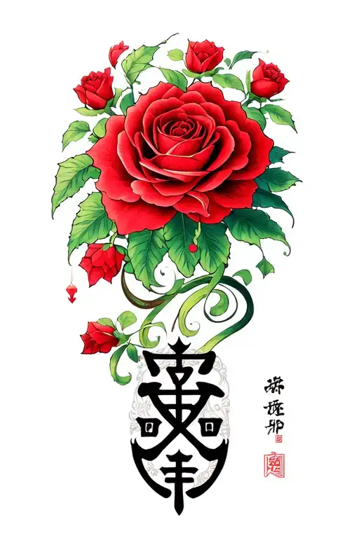 Chinese Symbols With Roses Intertwined