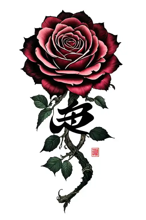 Chinese Symbols With Roses Intertwined