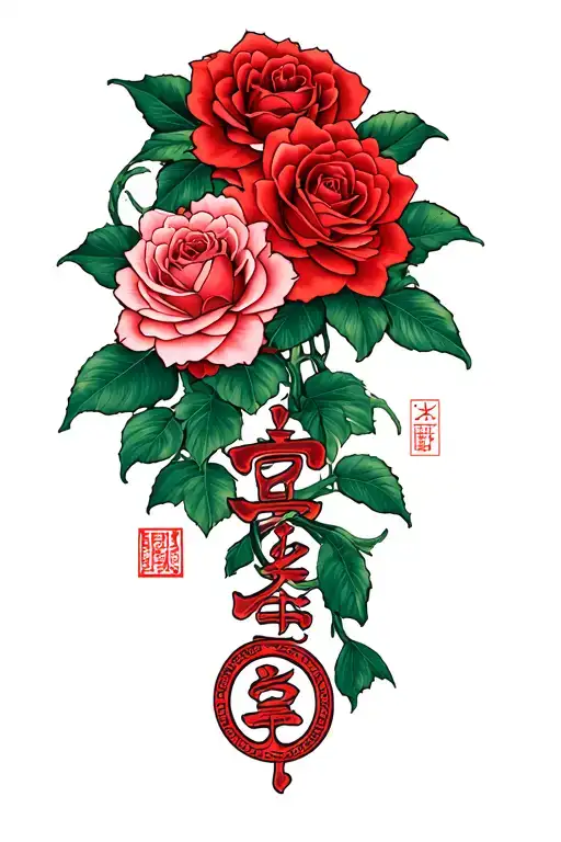 Chinese Symbols With Roses Intertwined