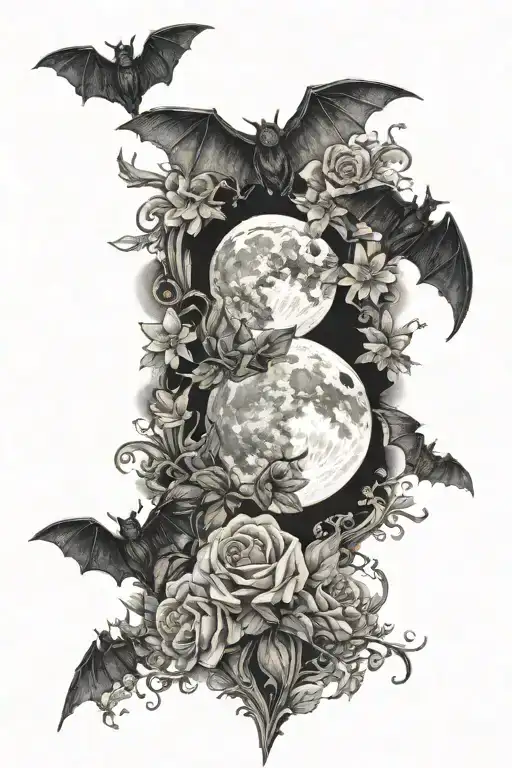 Bats And Moon And Ghost With Flowers
