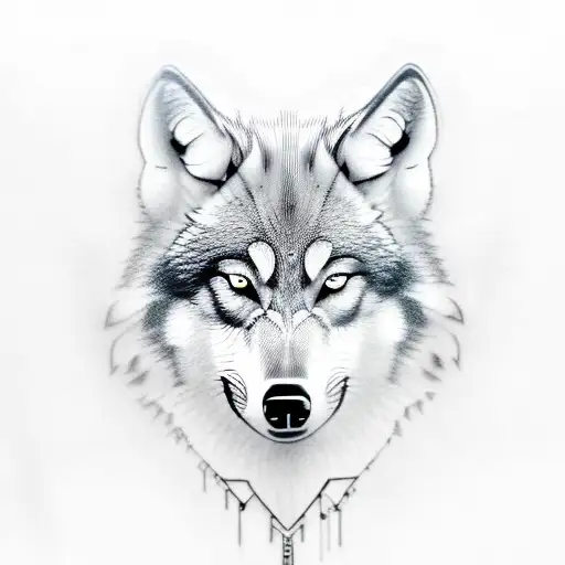 A Black And Grey Portrait Of A Wolf With A Skull Incorporated Into The Design
