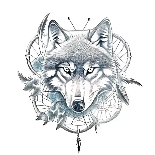 A Sketch-style Tattoo Featuring A Wolf And Skull In A Dreamcatcher