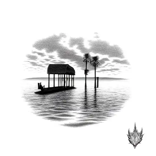 Sunset On The Water With Dock Extending Into Water