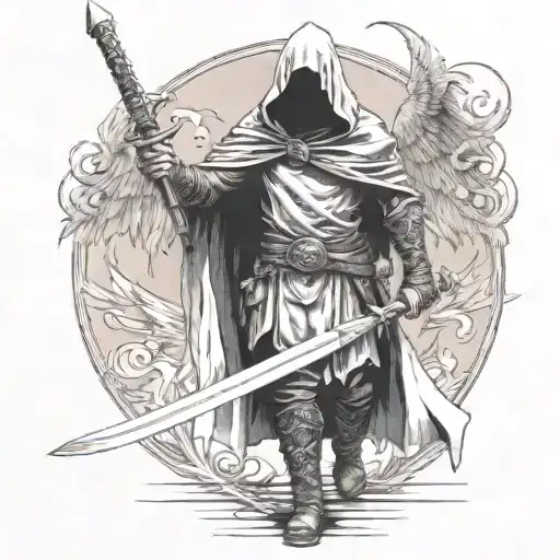 A Full-length Hooded Warrior Standing Straight With His Sword Lowered With Wings