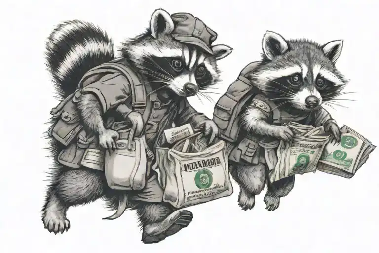 Two Cute Raccoon Bank Robbers Running With Bag Of Money