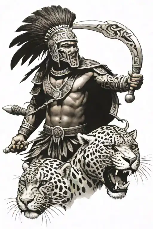 Aztec Warrior Wearing A Jaguar Surrounded
