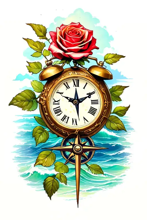 Time Clock With Wrapped Rose And Ocean And Compass As Background