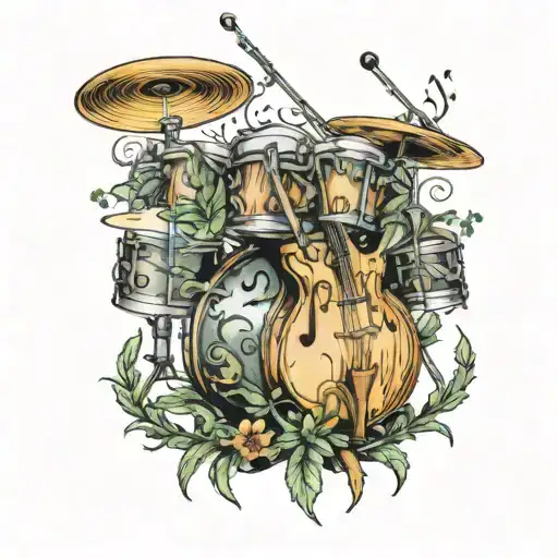 A Pisces Symbol Intertwined With Musical Notes And A Drum Set Surrounded By Weed