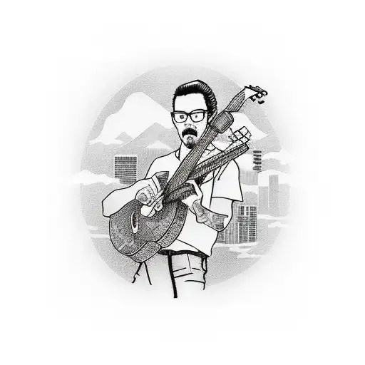 A Realistic Tattoo Of A Musician Playing A Guitar With Tokyo Cityscape In The Background