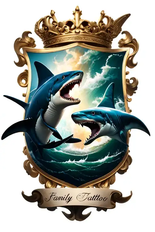Family Crest Featuring 3D Sharks Chasing Each Other