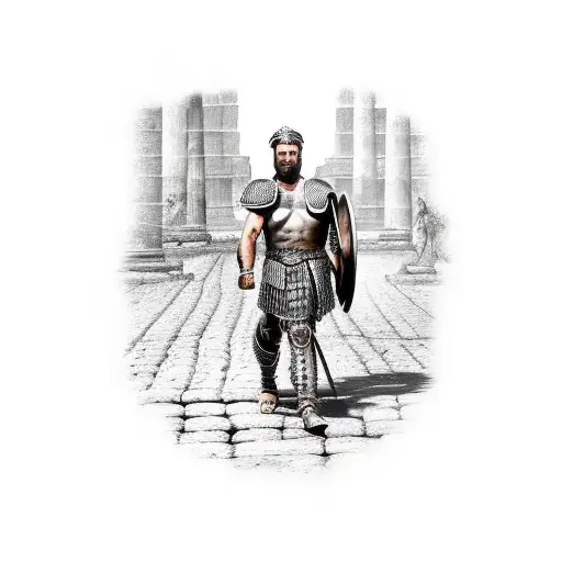 A Roman Gladiator Walking Away On A Road From The Coliseum In The Background