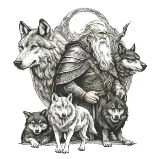 Norse God Odin In The Center Protected By His Two Wolves And Two Ravens