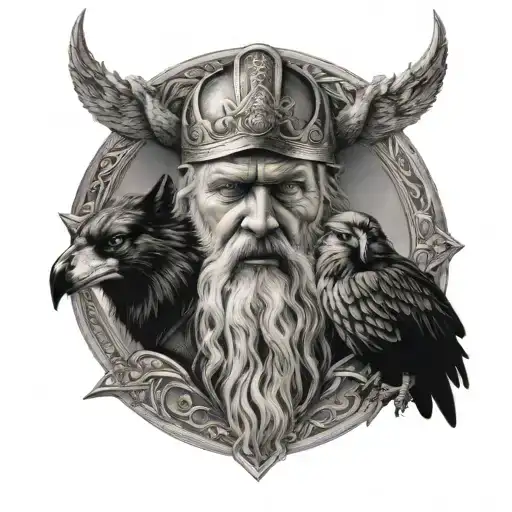 Face Of Norse God Odin In The Center Protected By His Two Wolves And Two Ravens