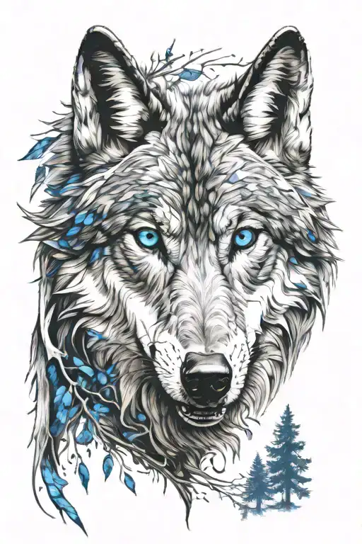 Face Of A Wolf With Blue Eyes On The Background Of The Forest Looking Into The Future