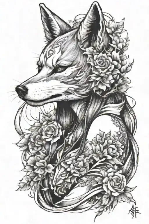 Draw A Sketch Of A Girl With A Kitsune Mask And Add Something To The Background